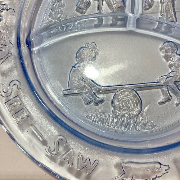 Vintage See-Saw Margery Daw Child's Divided Plate Dish Glass Blue Teal - Picture 5 of 8